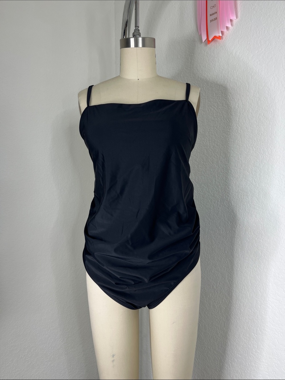 PinkBlush Black Scoop Front Low Back Ruched One-Piece Maternity Swimsuit - Picture 2 of 9